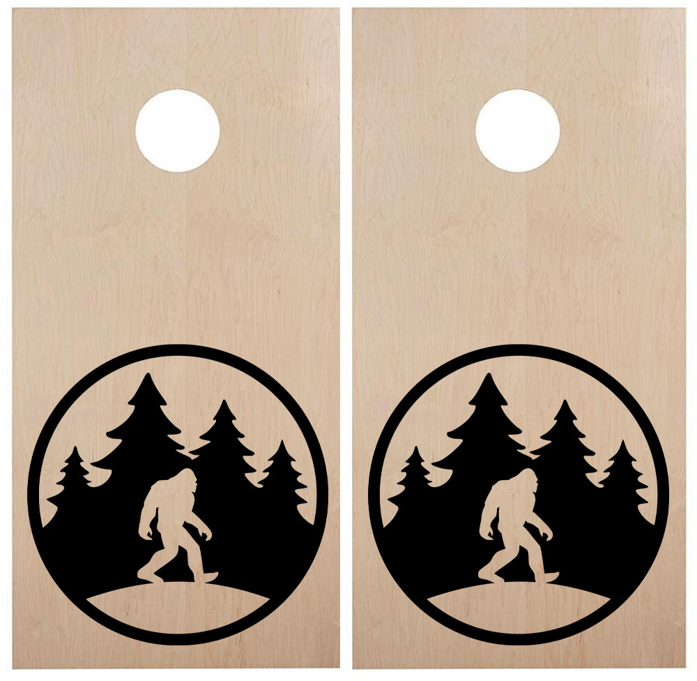 Bigfoot in Tree Line Circle Cornhole Board Decals V10 | PNW Sasquatch | Vinyl