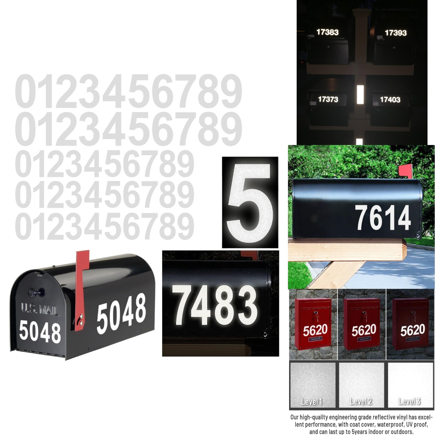 Waterproof Vinyl Number Decals 50 Pcs, Self-Adhesive, Reflective, Mailbox, House