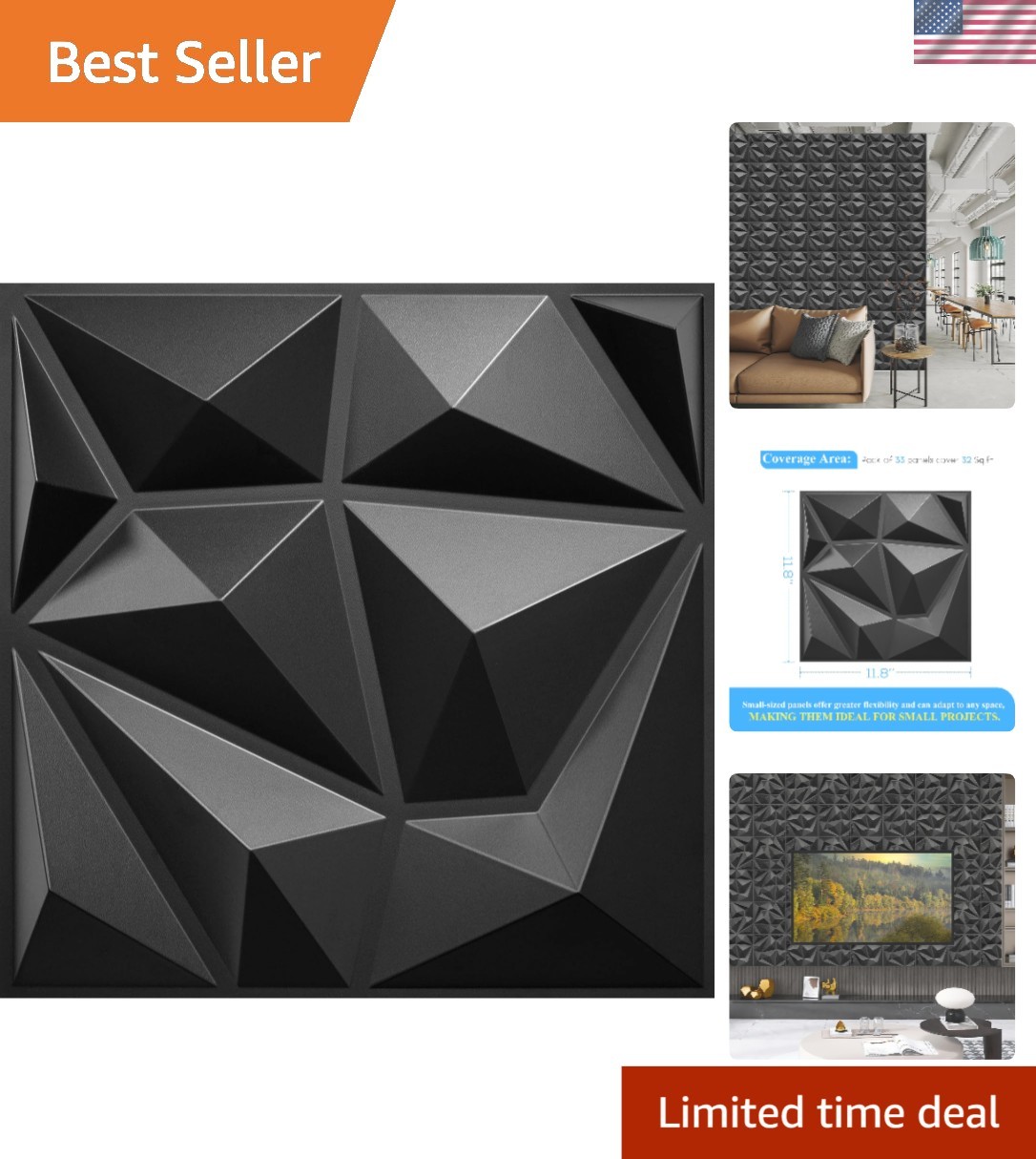 Easy Install 33 Pack 3D Black Diamond Wall Panels | 12"x12" Home Accents