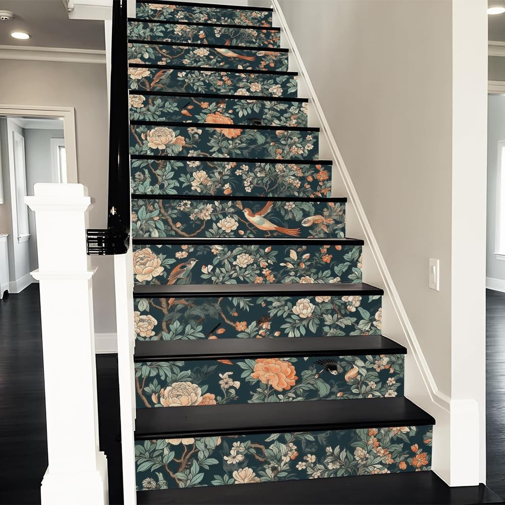 REDAMANCY Vintage Peony Flowers Bird Forest Tree Peel and Stick Vinyl Stair R…