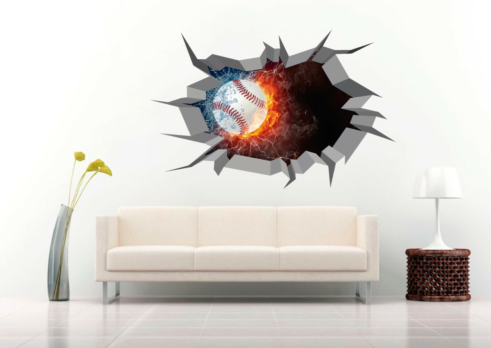 Baseball Ball vs The Elements 3D Crack Wall Decal Vinyl Sticker Mural Art Decor