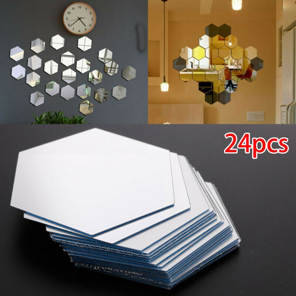 ?24pcs 3D Hexagon Mirror Wall Sticker Art Tile Decal Home Living Room Decor