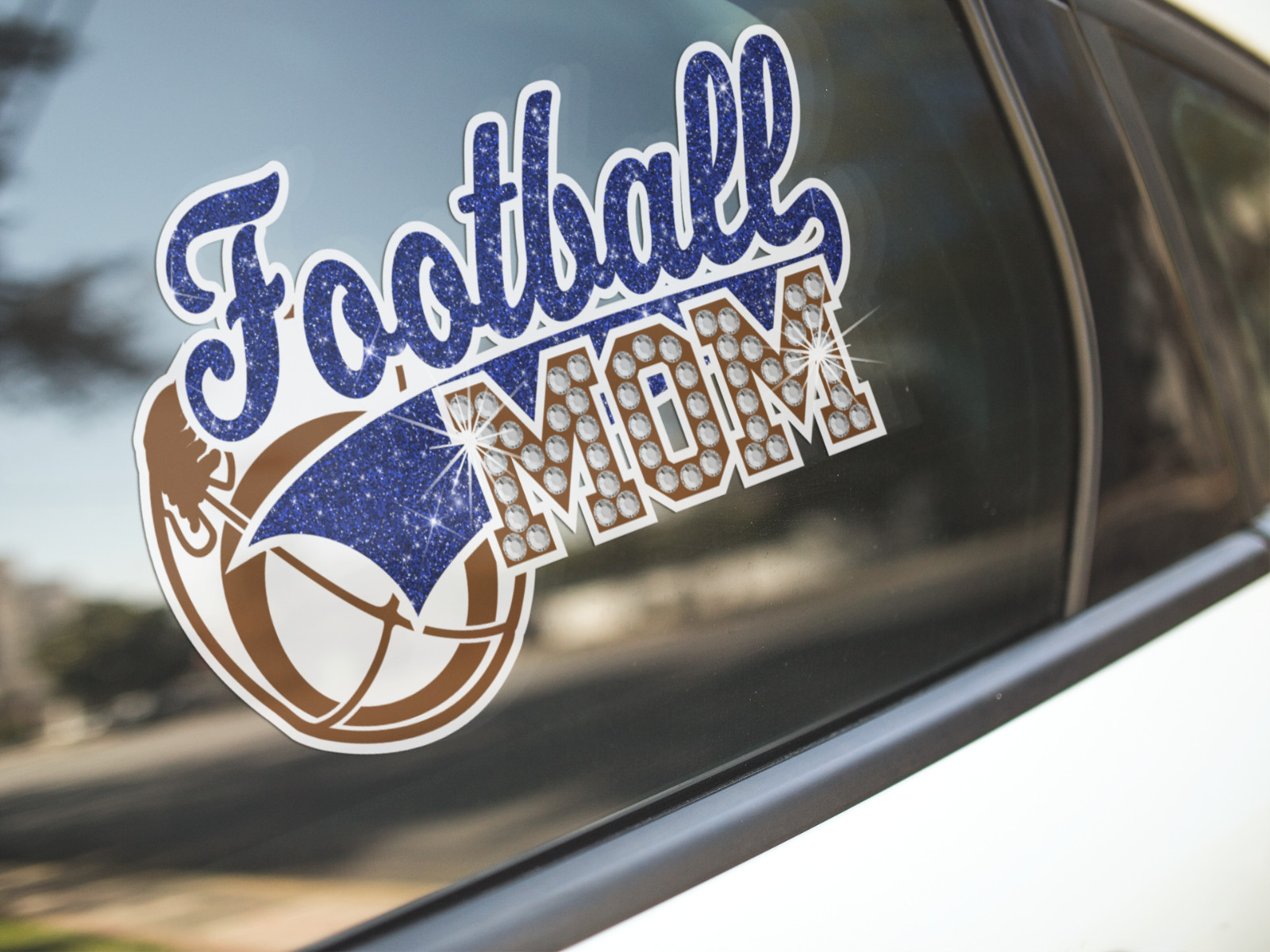 Football Mom glitter rhinestone decal car tumbler stick on blue green silver