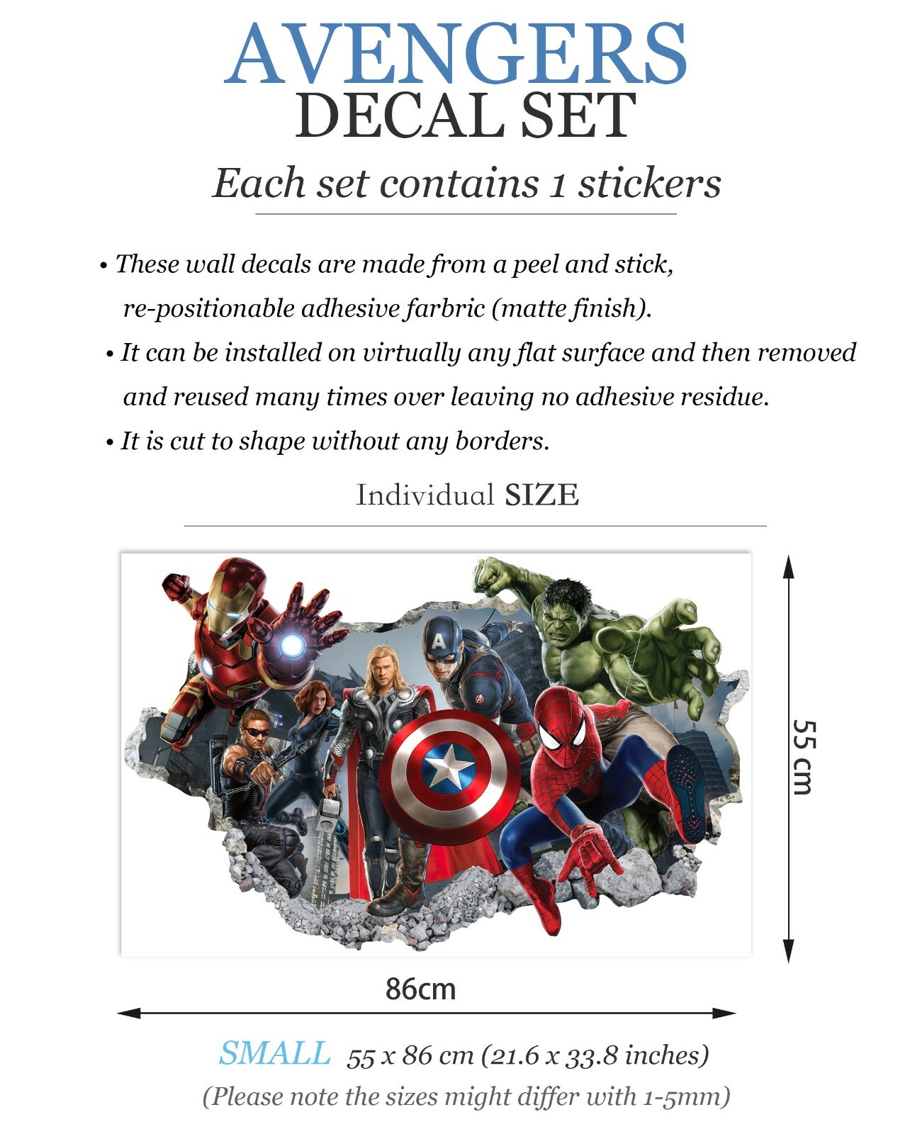Avengers Hulk Spiderman Captain America Smashed Wall Decal Sticker 3D Wall Decor