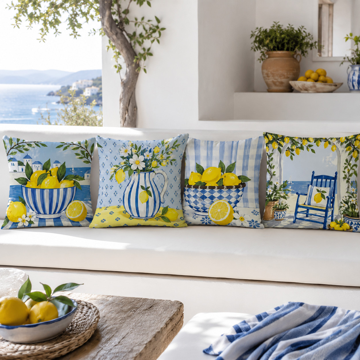 Set of 4 Mediterranean Lemon Pillow Covers – Blue & Yellow Italian Coastal Decor