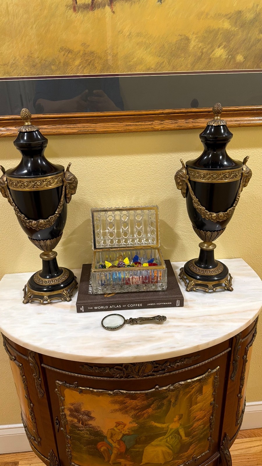 PAIR OF FRENCH LOUIS XVI RAM HEAD BRONZE URNS:MAITLAND SMITH