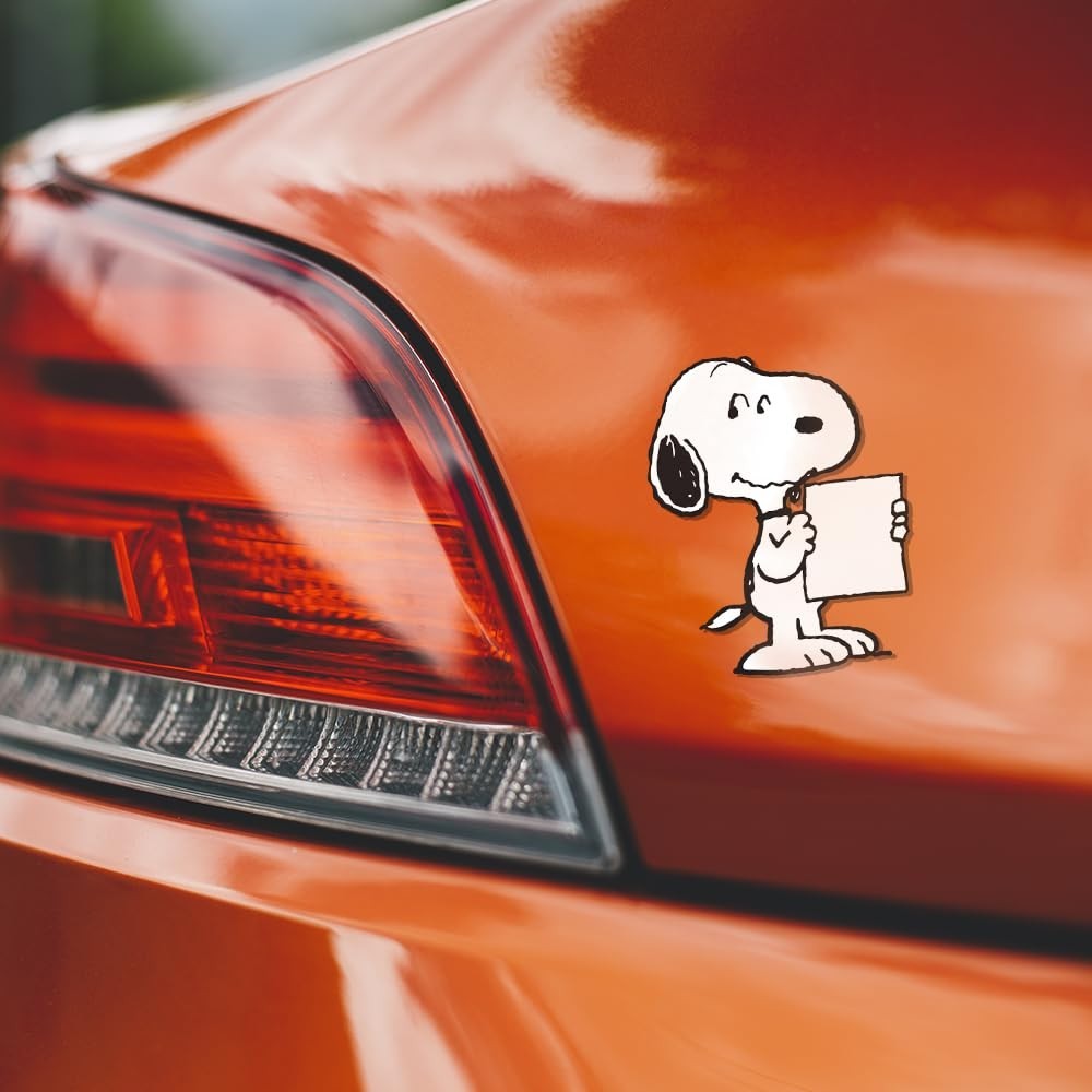 Peanuts cute sticker of Snoopy holding a white sign 4.5"H x 3"W