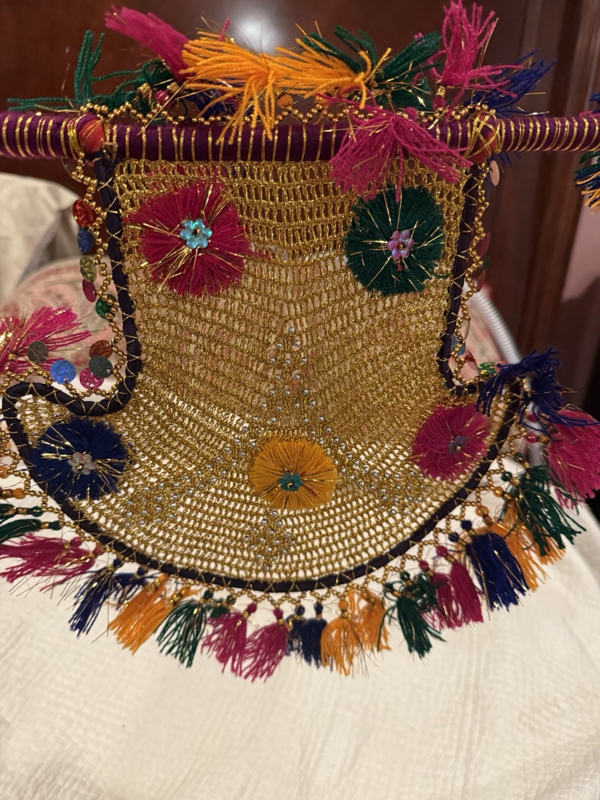 Decorative Hand Fan, golden with multi-color fringe, handmade