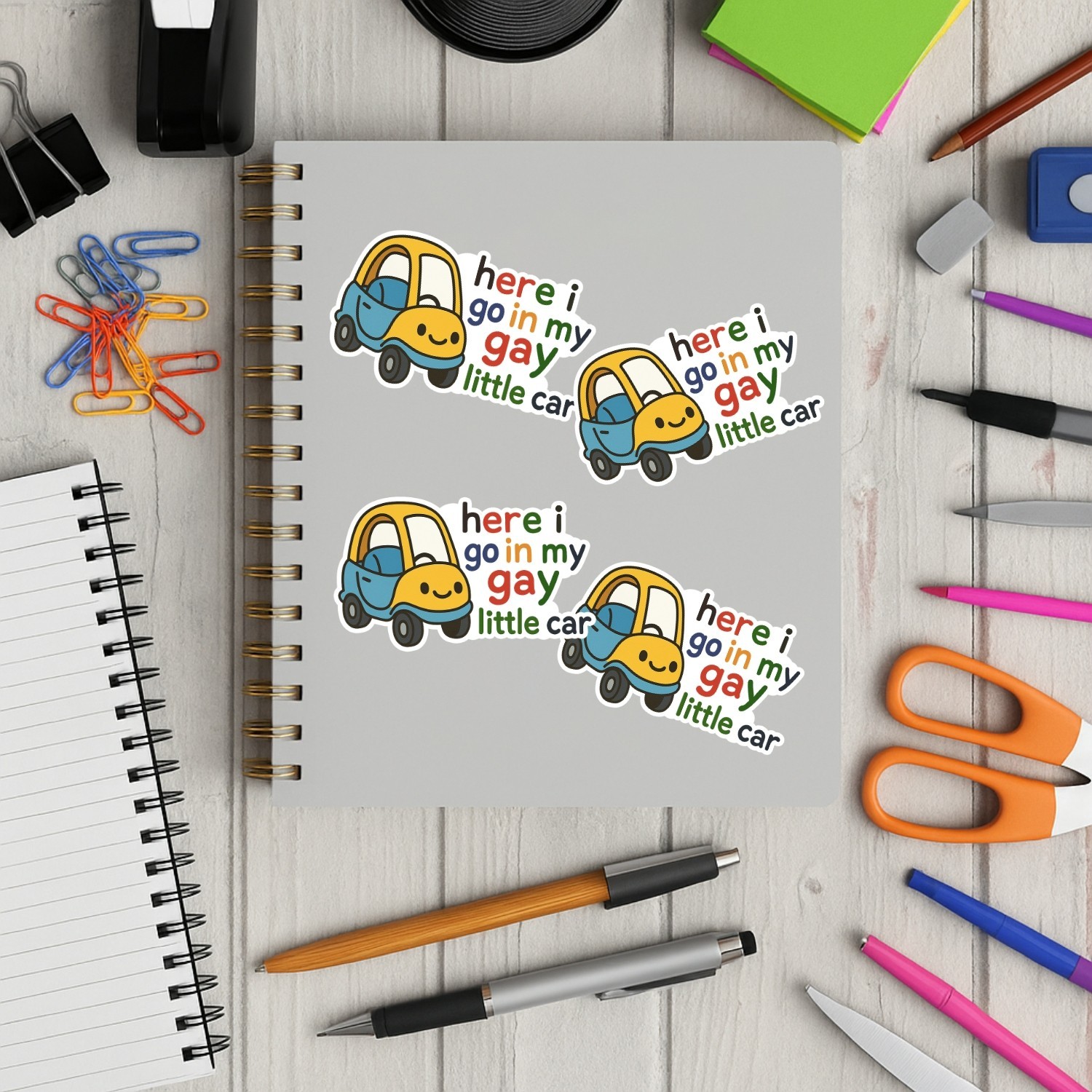 4PCS “Here I Go in My Gay Little Car” Stickers – Funny LGBTQ+ Meme Vinyl Decal