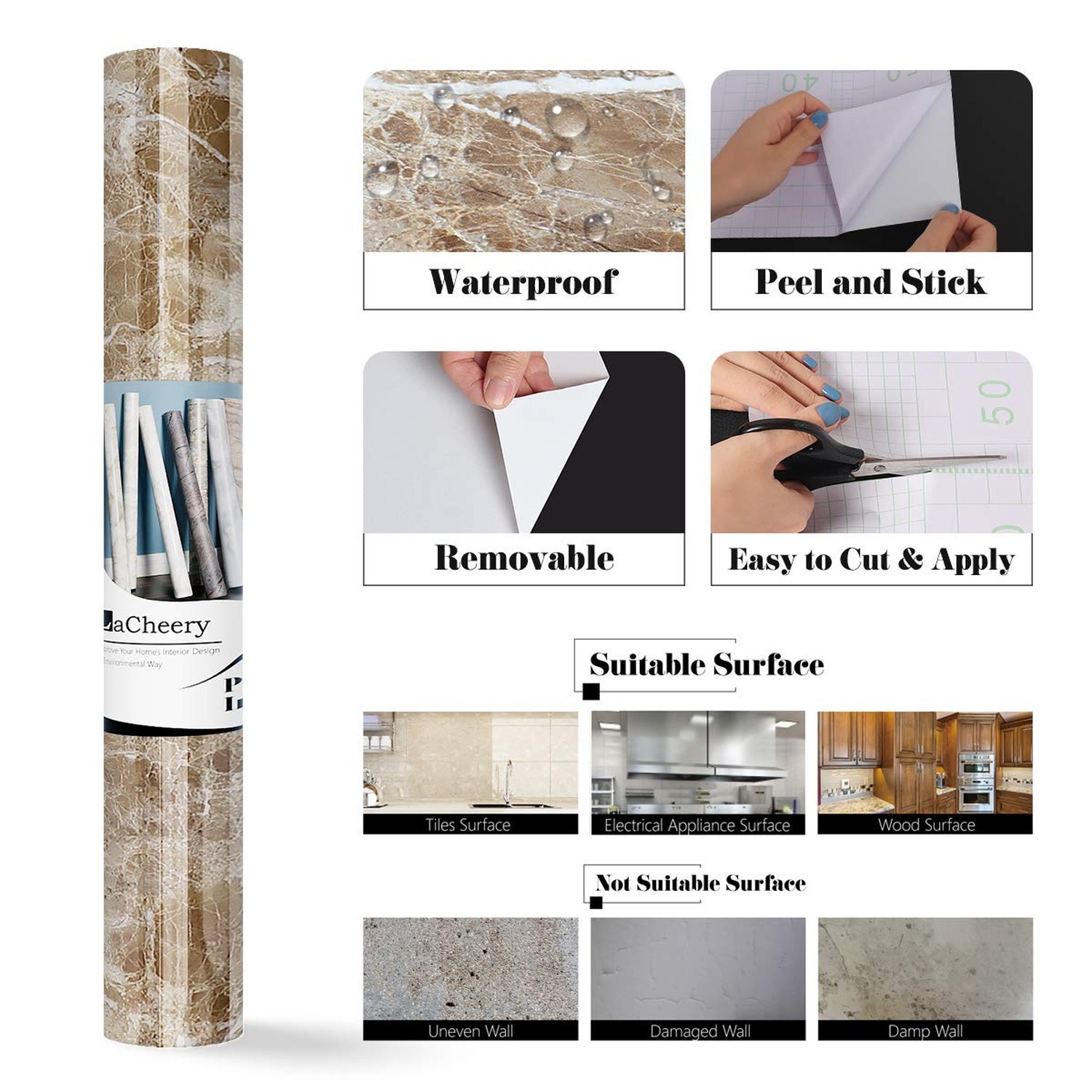 LaCheery Extra Wide Contact Paper 36"x160" Brown Marble Contact Paper for Cou…