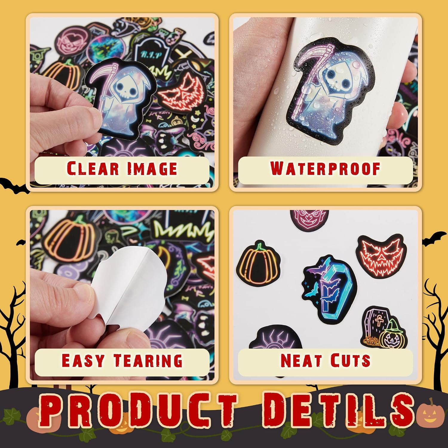70 Pcs Neon Halloween Stickers for Kids, Waterproof Decor for Water Bottle