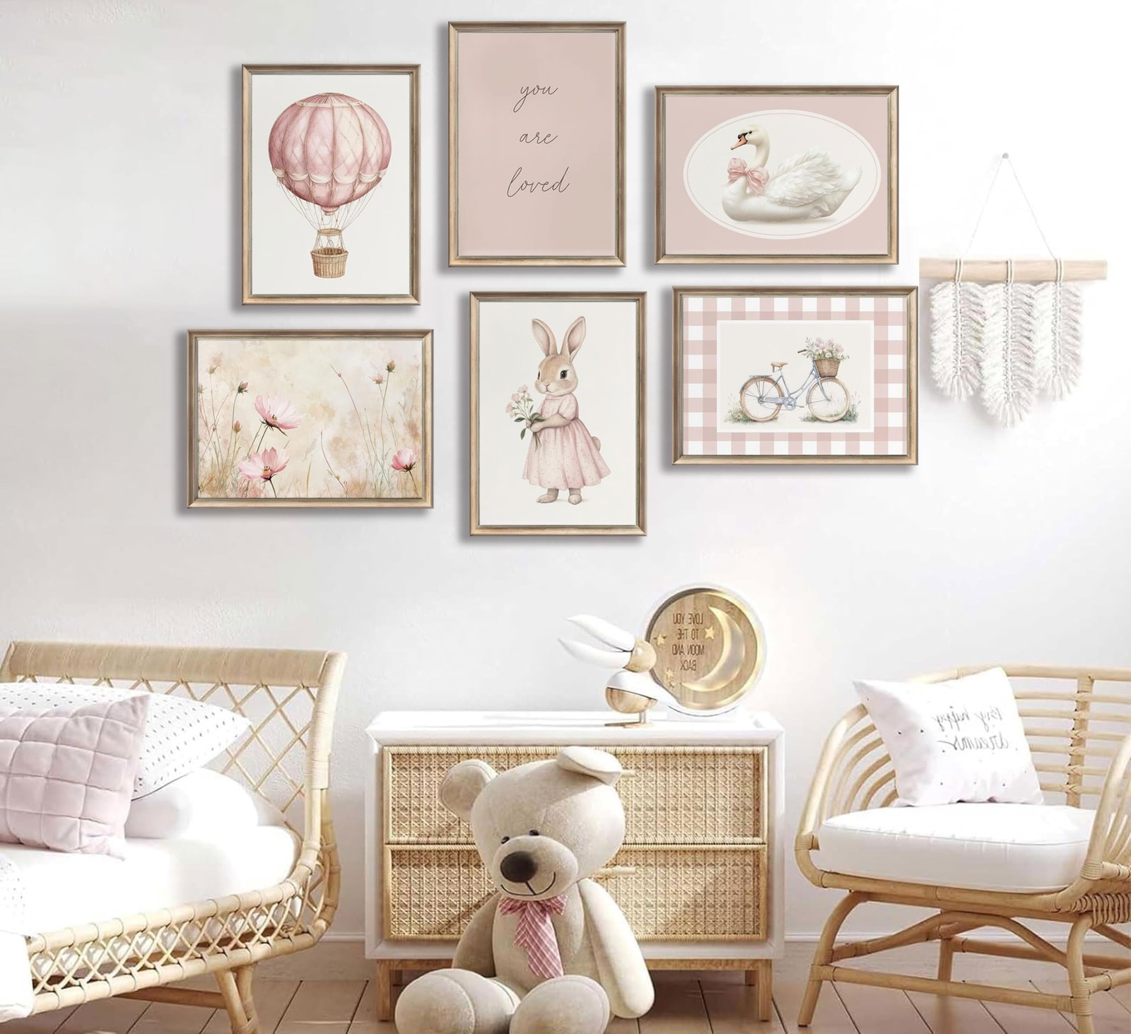 6Pcs Pink Nursery Bunny Wall Art Kids Swan Flower Painting Pictures Cute Rabb…