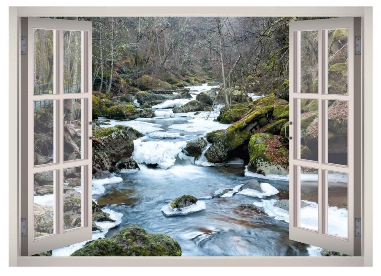 Rock River Landscape Window 3D Wall Decal Art Mural Home Decor Canvas Vinyl W57