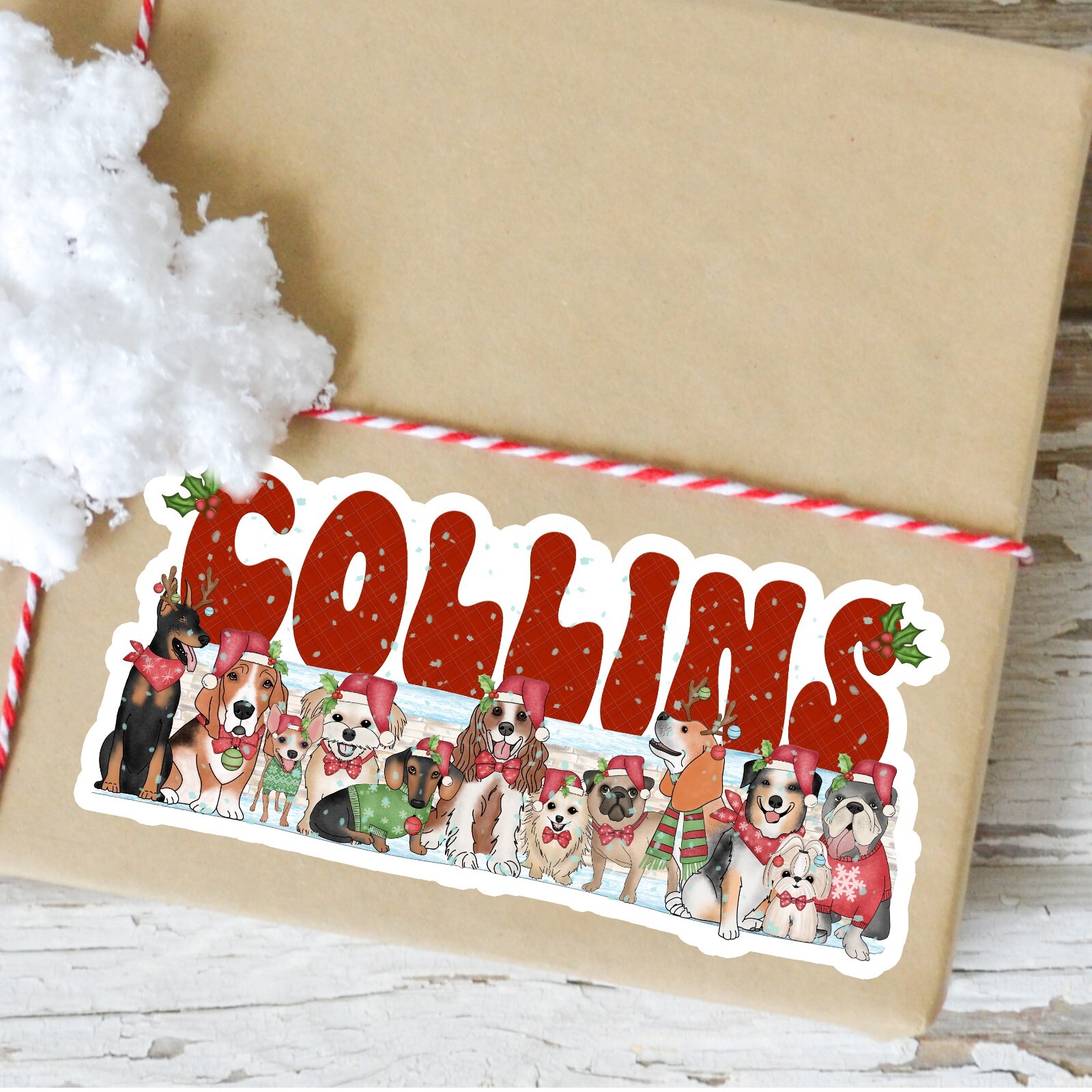 Custom Christmas Name Sticker All The Dogs Cute Retro Font Vinyl Decal