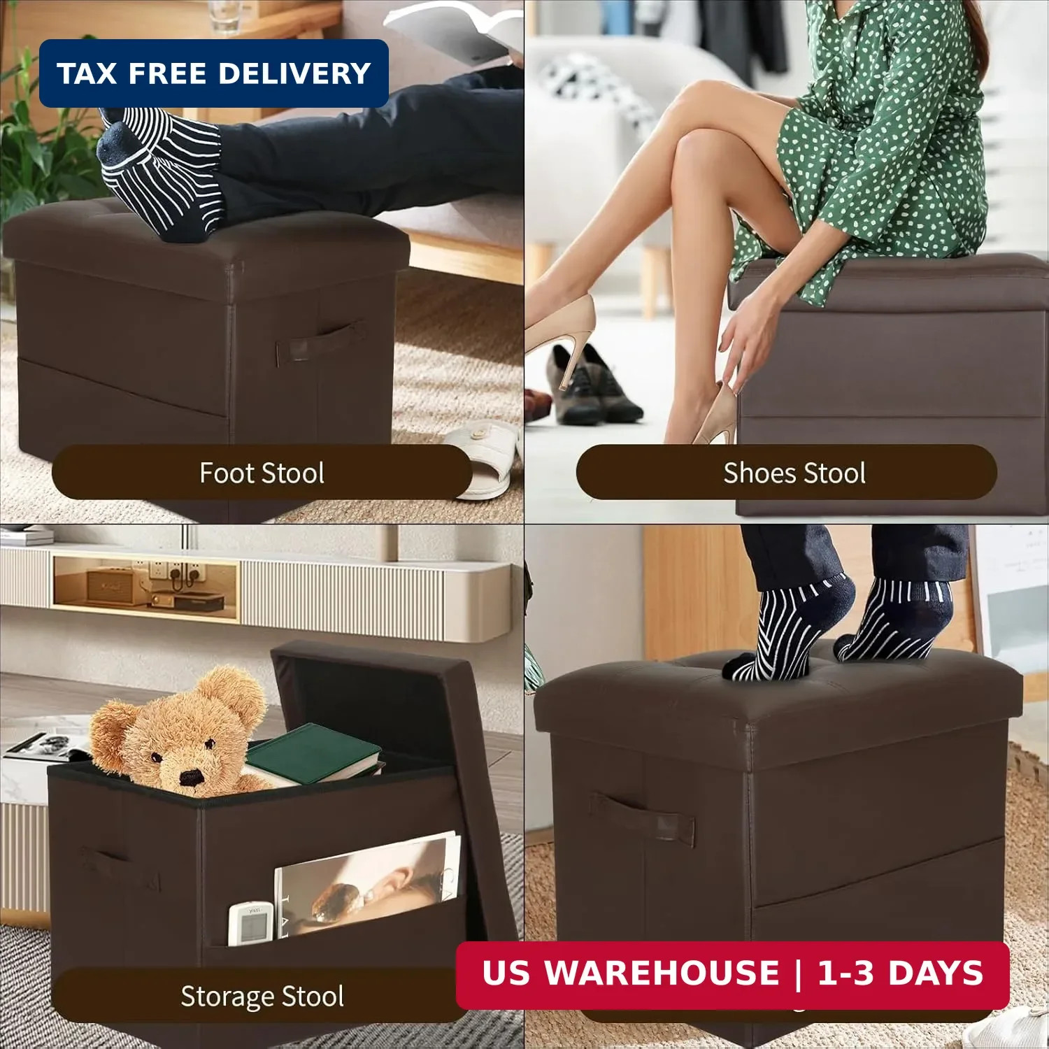 Storage Ottoman Foot Rest Stool, Foldable Leather Footstool Storage