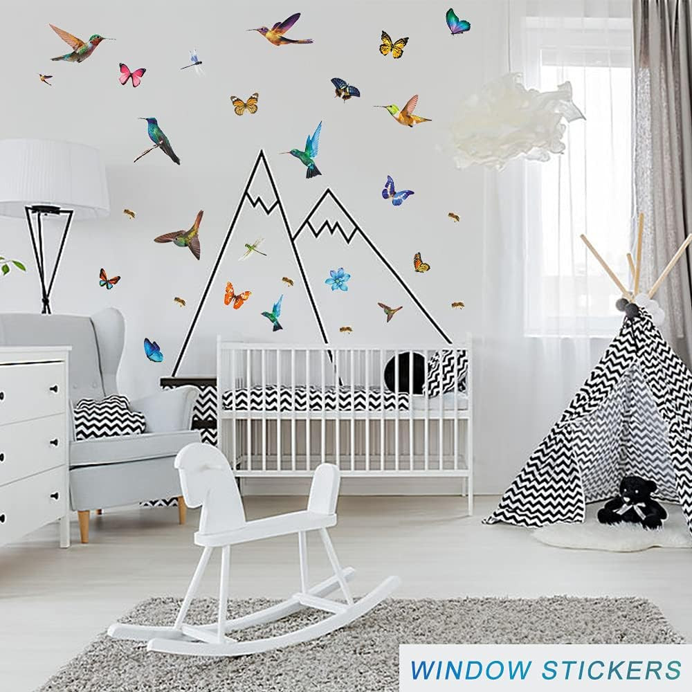 32Pcs Watercolor Butterfly and Hummingbird Stickers, Bee Dragonfly Flower Wall D