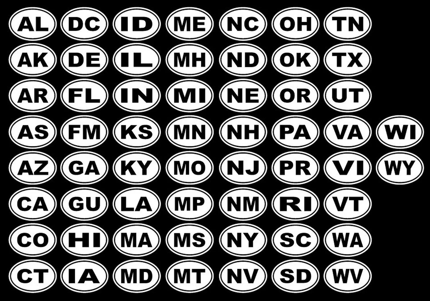 EURO OVAL ANY US STATE POSTAL CODE VINYL CAR DECAL STICKER NOT TWO COLORS