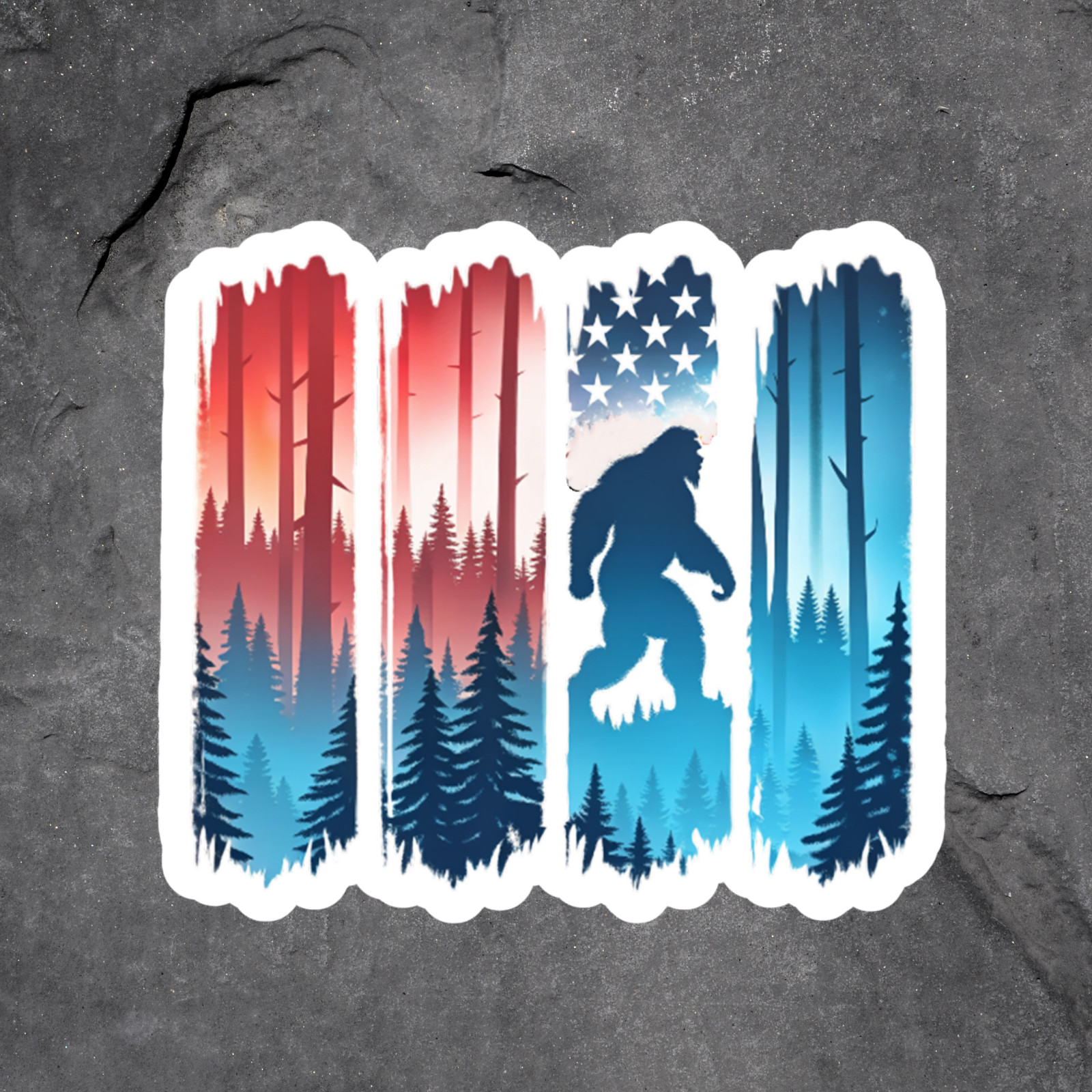 Bigfoot sticker vinyl decal patriotic forest usa flag stars retro trees red