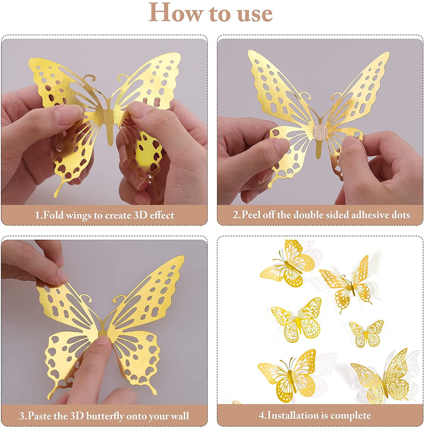 SAOROPEB 3D Butterfly Wall Decor – 48 Pcs, 4 Styles, 3 Sizes, Gold Butterfly Dec