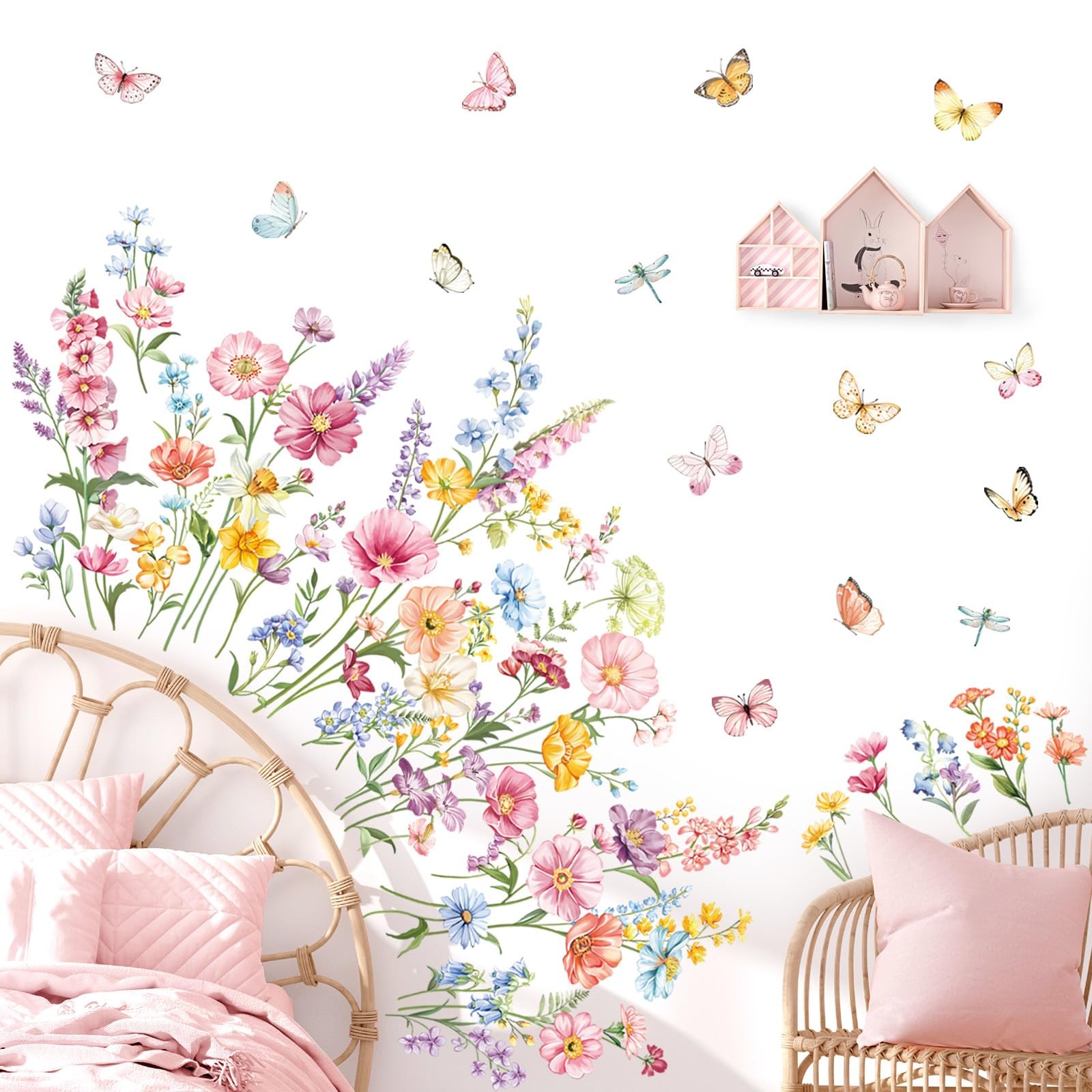 Flower Wall Decals Daisy Wildflower Grass Butterflies Wall Stickers Girls Bed…