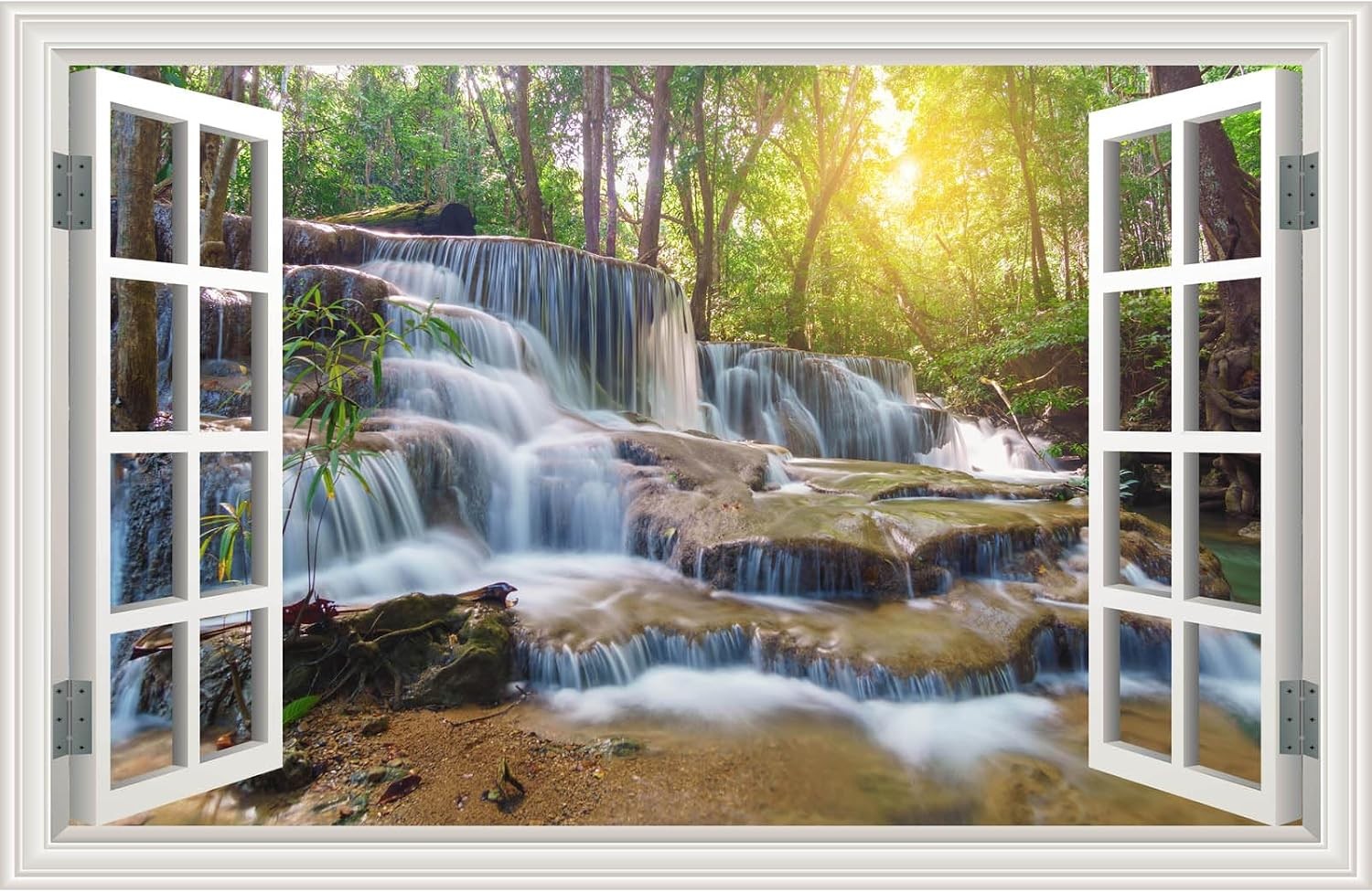 Fake Window Wall Mural Sticker Mountain Lake Forest Tree Faux Window Wall Cling