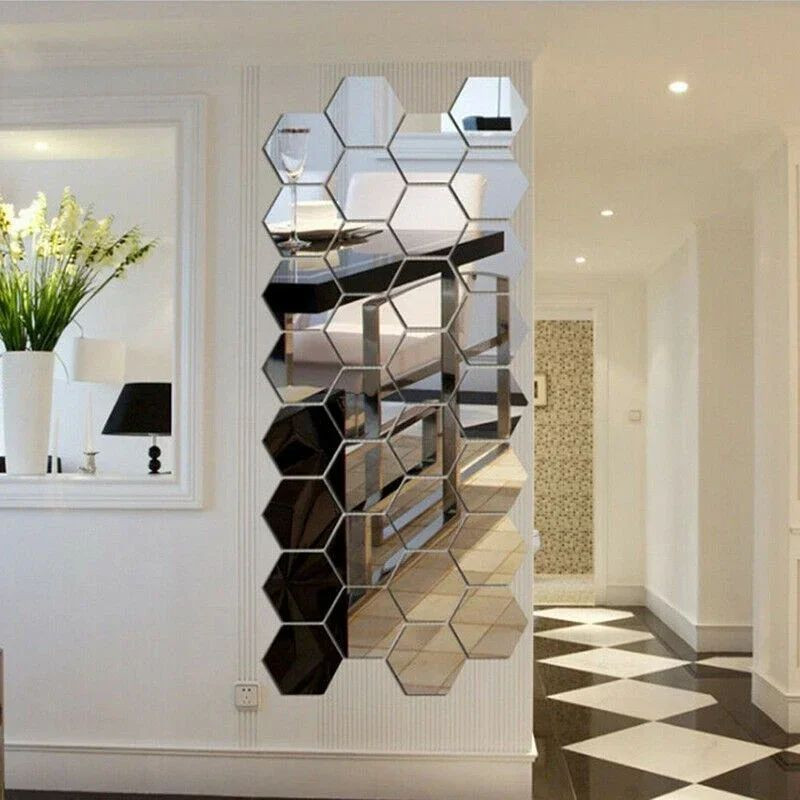 12pcs Hexagon Acrylic 3D Mirror Wall Sticker Home Decor Self-adhesive Mirror