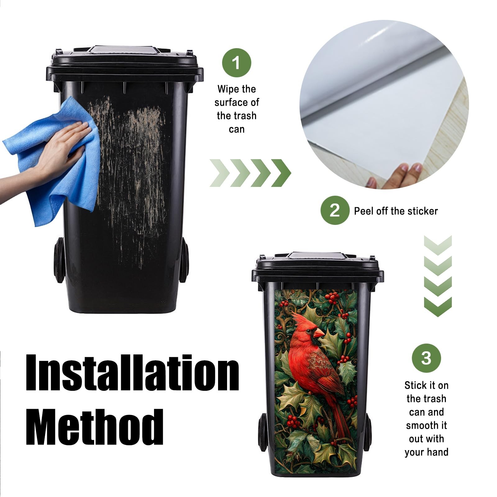 Red Cardinal in Holly Garbage Can Stickers, PVC, 14.57×32.28 Inches – Trash C…