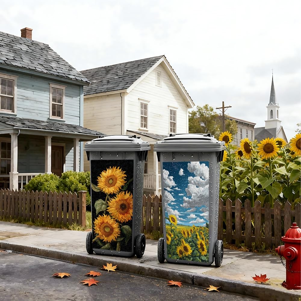 2 PC Trash Can Sticker 14.57 × 32.28 Inch Sunflower Floral Design Vinyl Stick…