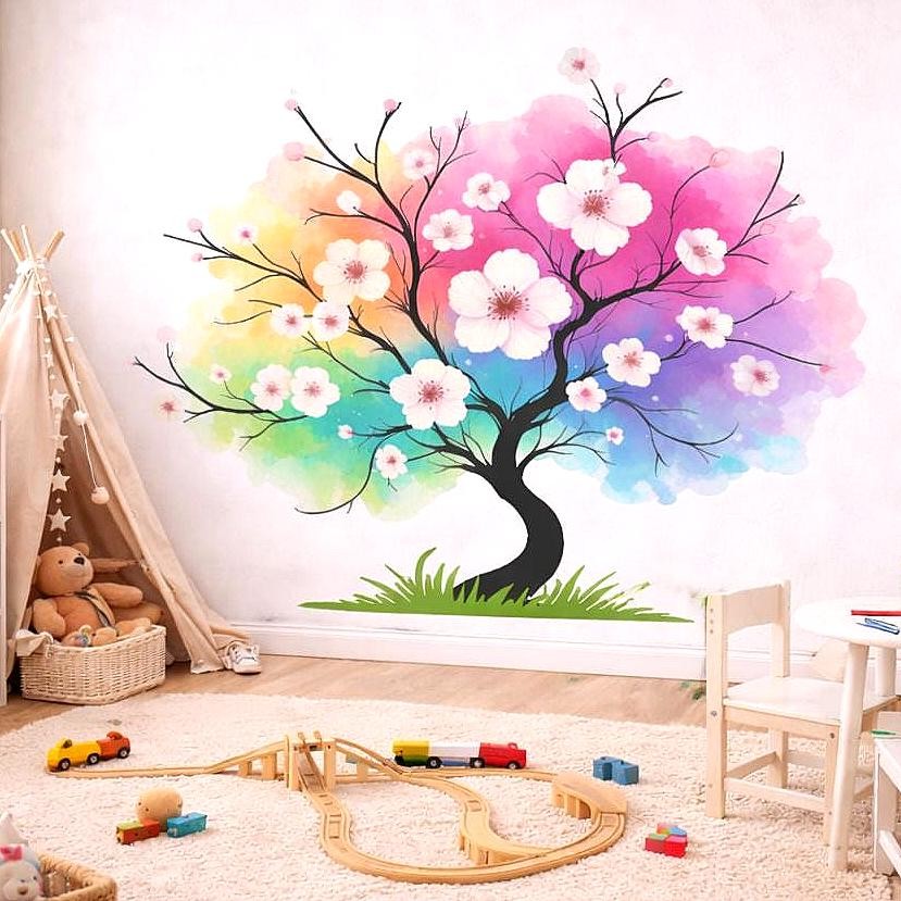 Watercolor Rainbow Tree Decal | Colorful Blossom Wall Art