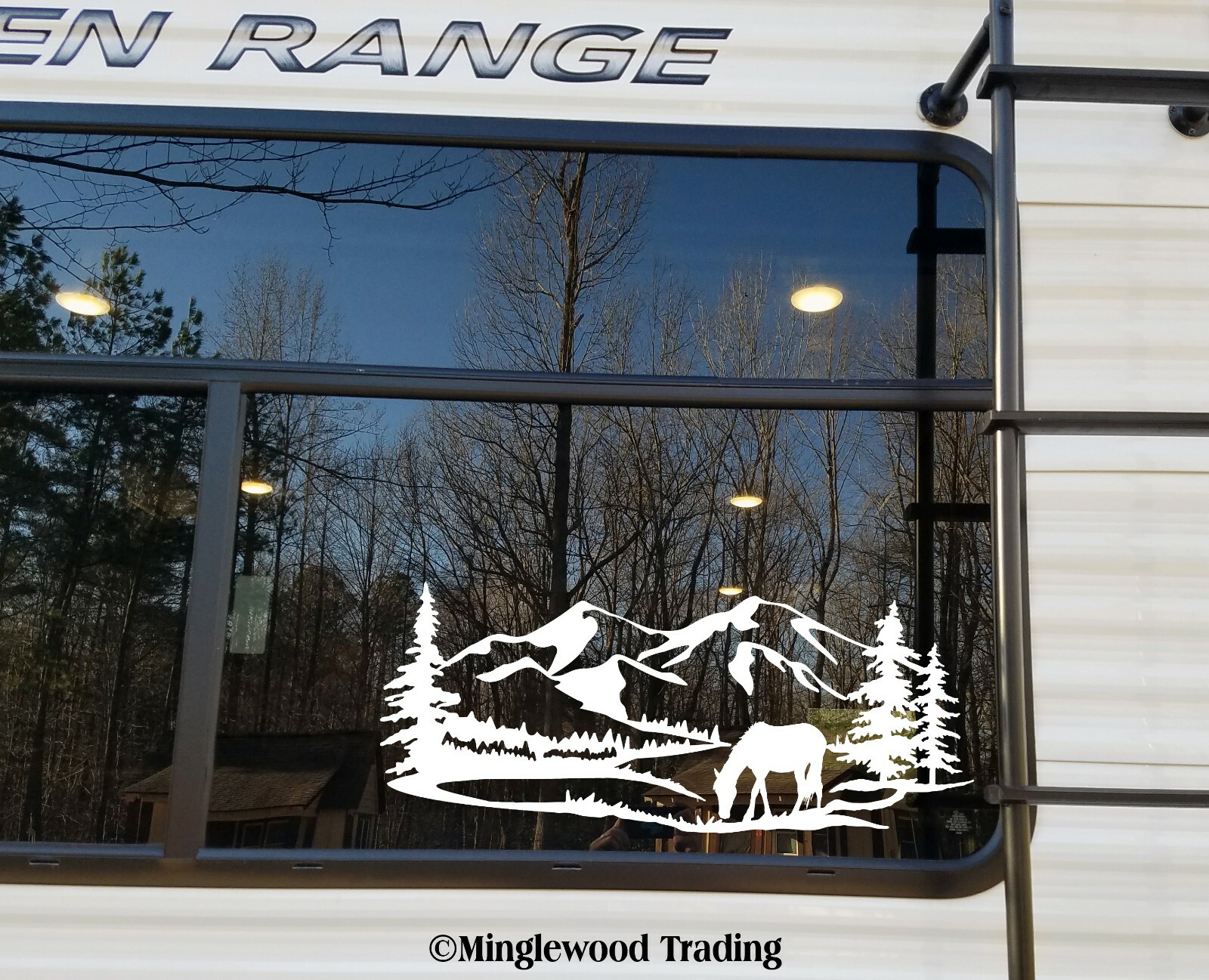 Mountain Horse Trees Scene V2 Vinyl Sticker – Camper RV Travel Trailer Graphics