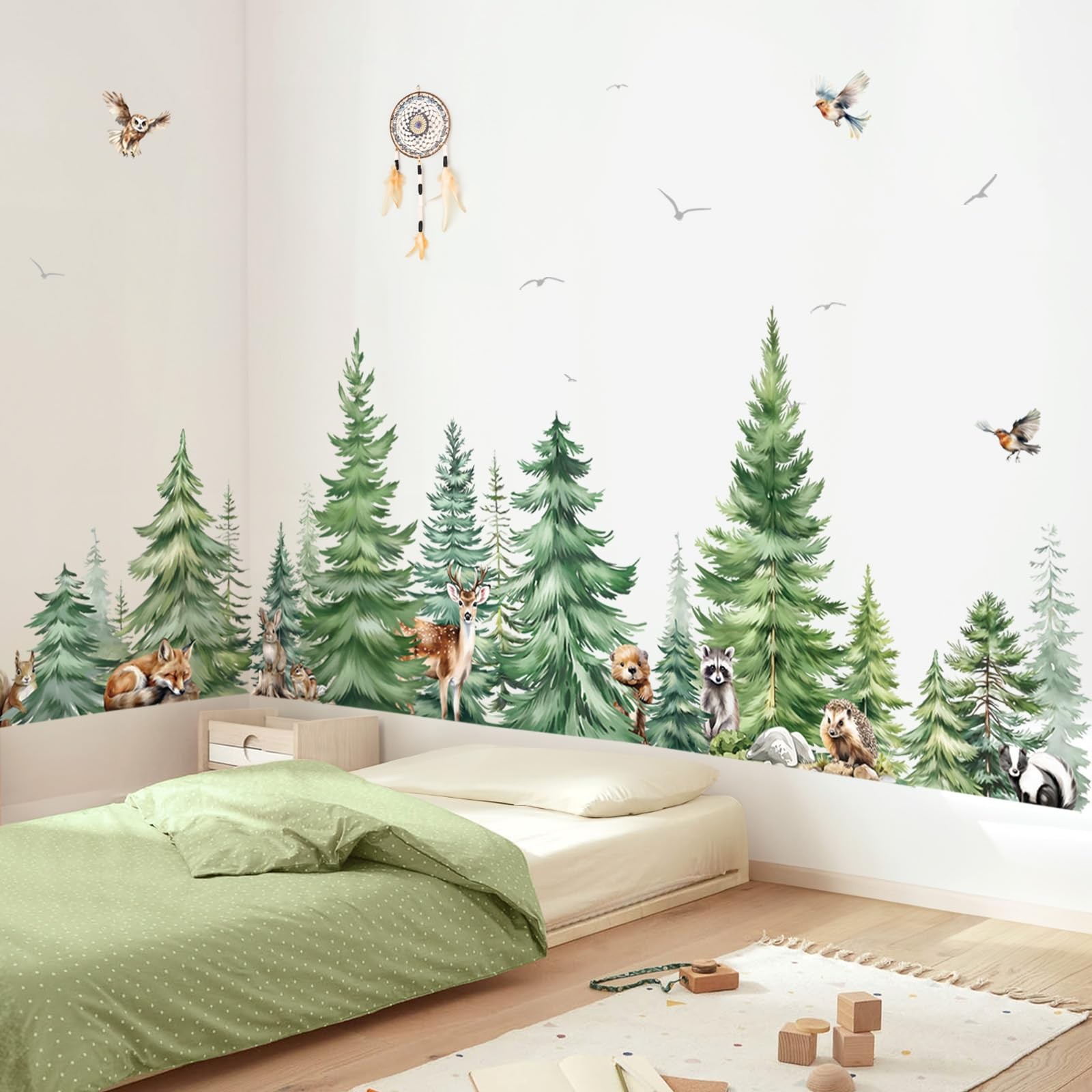 decalmile Large Watercolor Pine Tree Animals Wall Stickers Woodland Green
