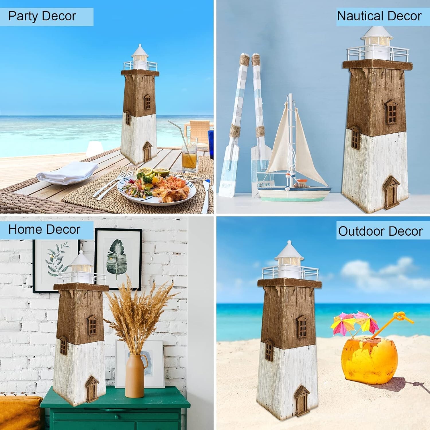 Wooden Lighthouse with Lights Nautical Tabletop Figurine (Brown)