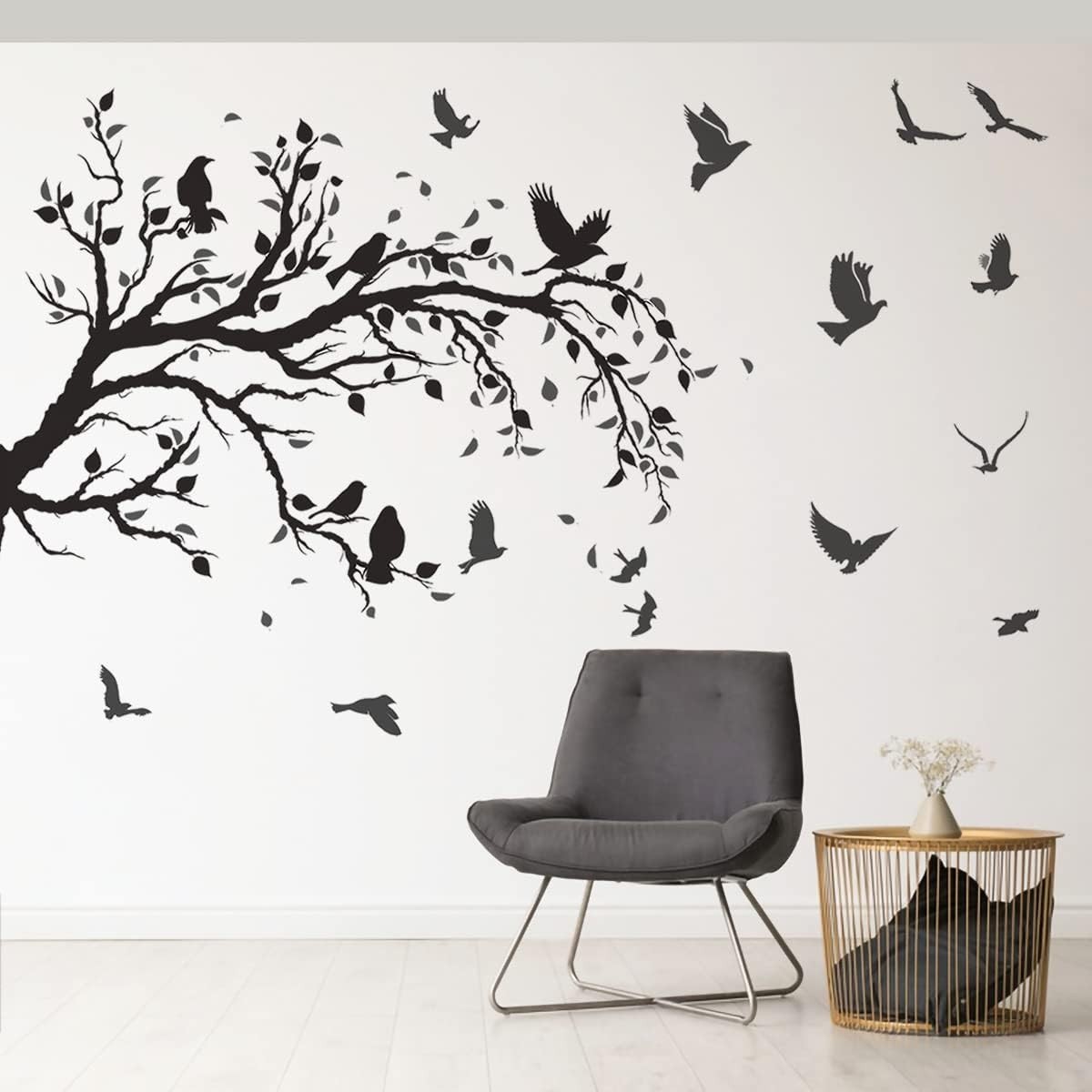 Black Tree Branch Flying Birds Wall Decal 50"" × 30"" DIY Birds Left to Right