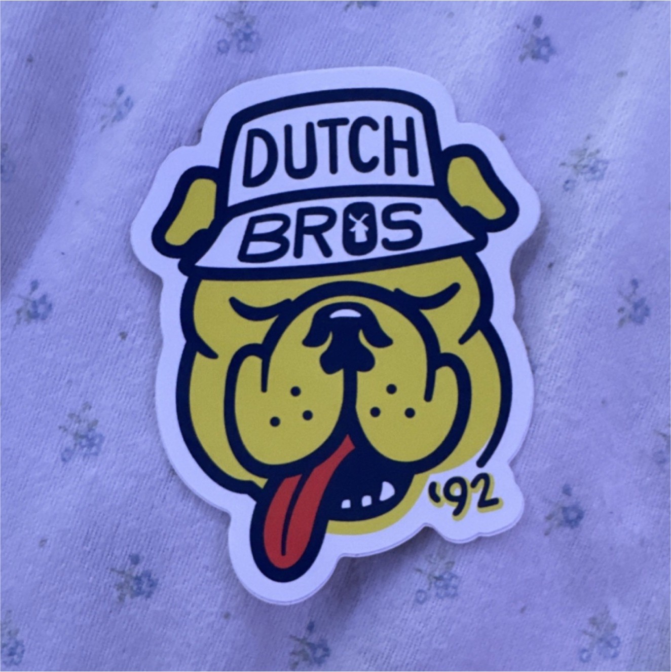 Dutch Bros Dog Sticker Yellow Black White Red Bulldog June 2024