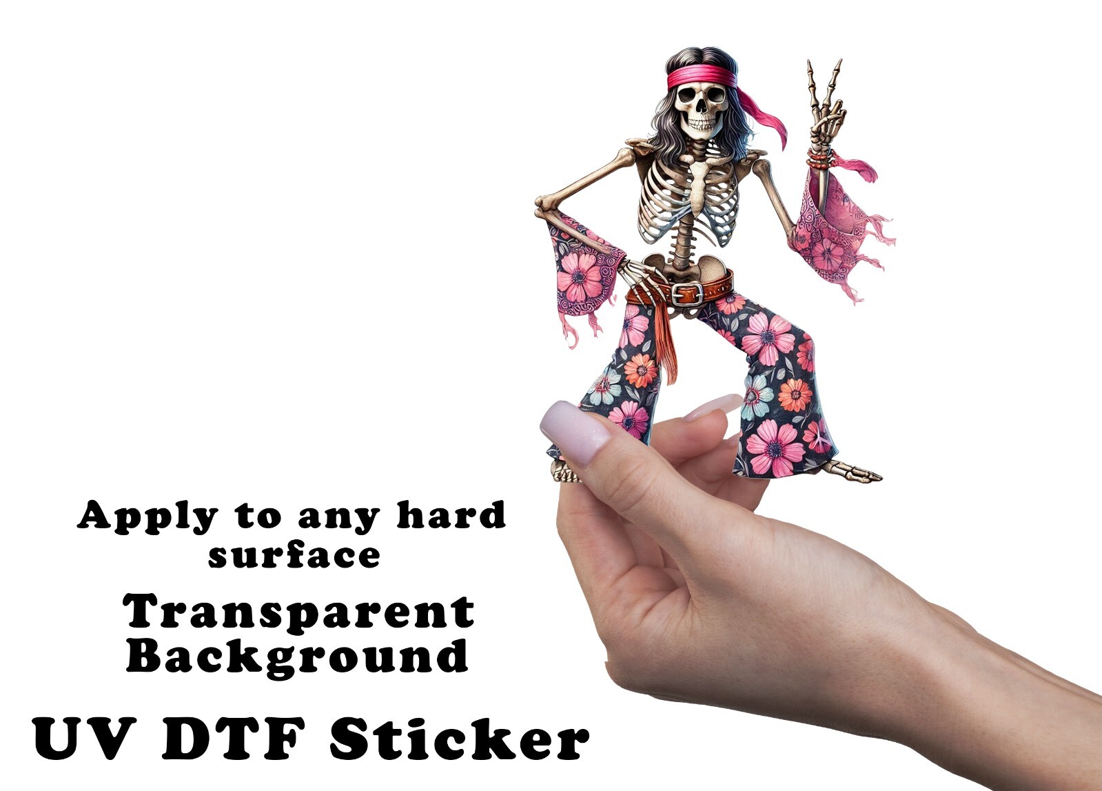 Peace Hippie Skeleton UV DTF Transparent Sticker / Decal