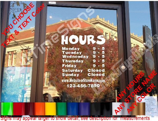 CUSTOM Storefront Door DECAL Hours Sign Boutique salon cafe diner gym bar hotel