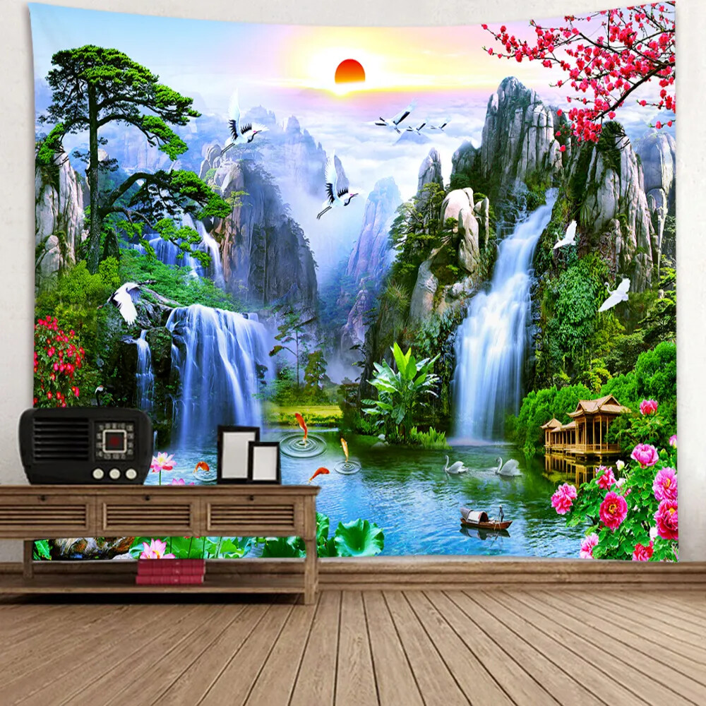 Nature Landscape Tapestry Chinese Scenery Painting Home Decor Mountain Waterfall