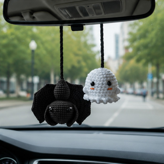 Handmade Crochet Halloween Car Charm, Ghost Pumpkin Hanging, Spooky Gift