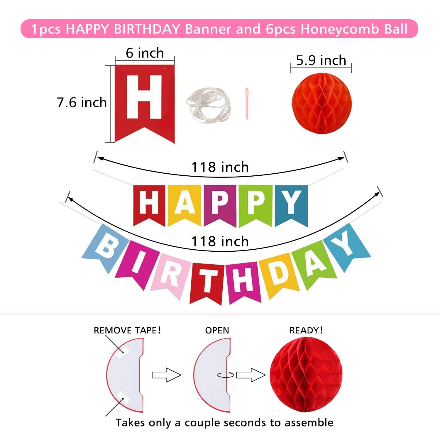 Happy Birthday Banner, Rainbow Birthday Banner, 6 Honeycomb Balls, 8 Metallic…