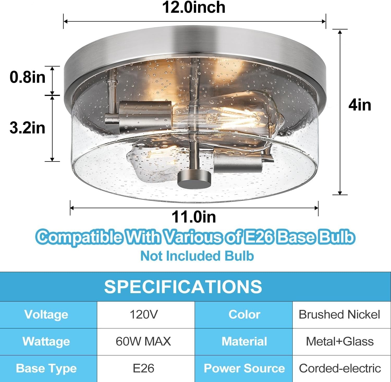 Flush Mount Ceiling Light Fixtures, 2-Light 12 Inch Brushed Nickel