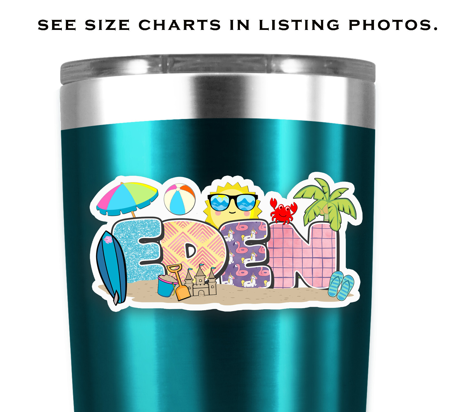 Custom Name Stickers • Waterproof Vinyl • Beach Theme • Cute Summer Party Gift