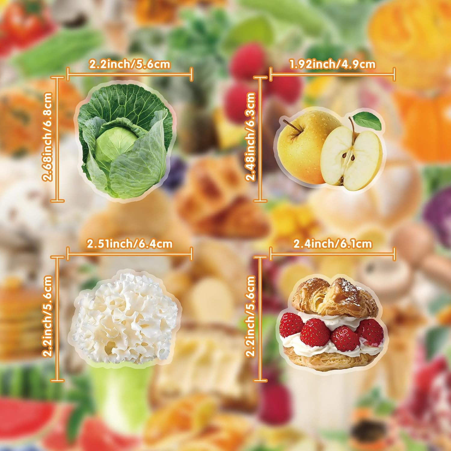 200Pcs Transparent Food Stickers – Fruit, Vegetable, Bread, Mushroom Decals