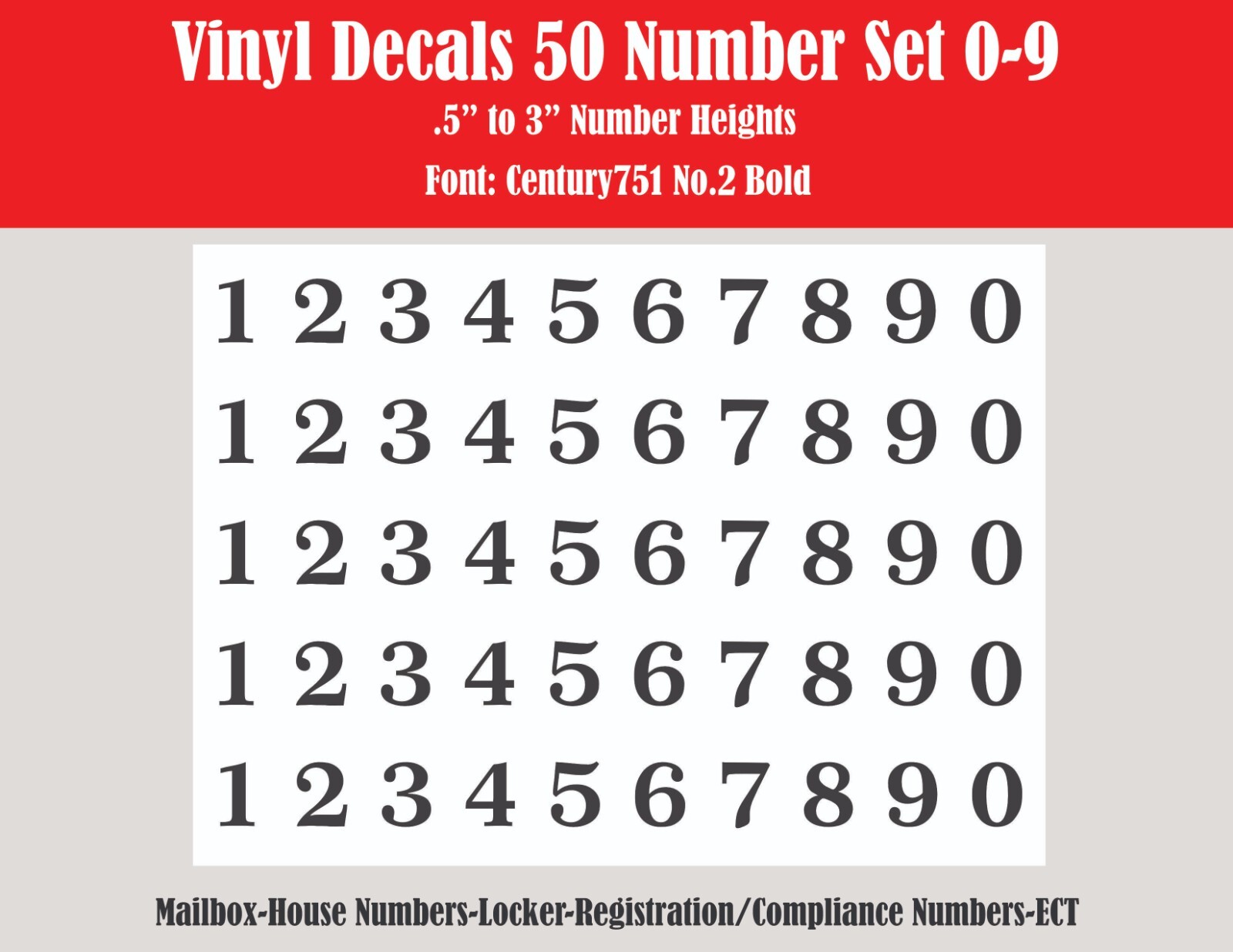 Vinyl Decals 50 Pack Numbers 0-9 Sizes .5" – 3" Letter Height 31+ Colors