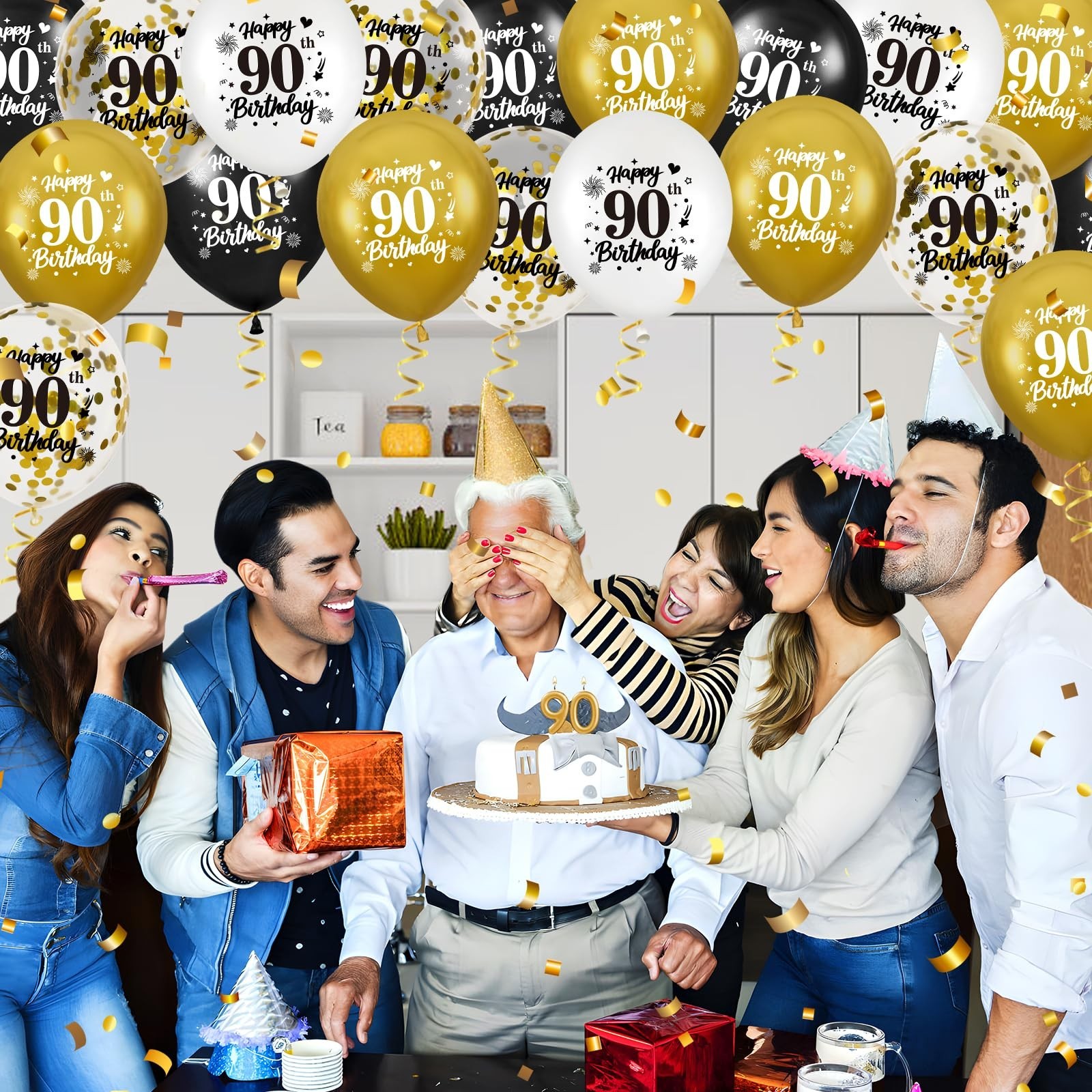 90th Birthday Balloons for Men, 24Pcs Black Gold White Happy 90th Birthday Ba…