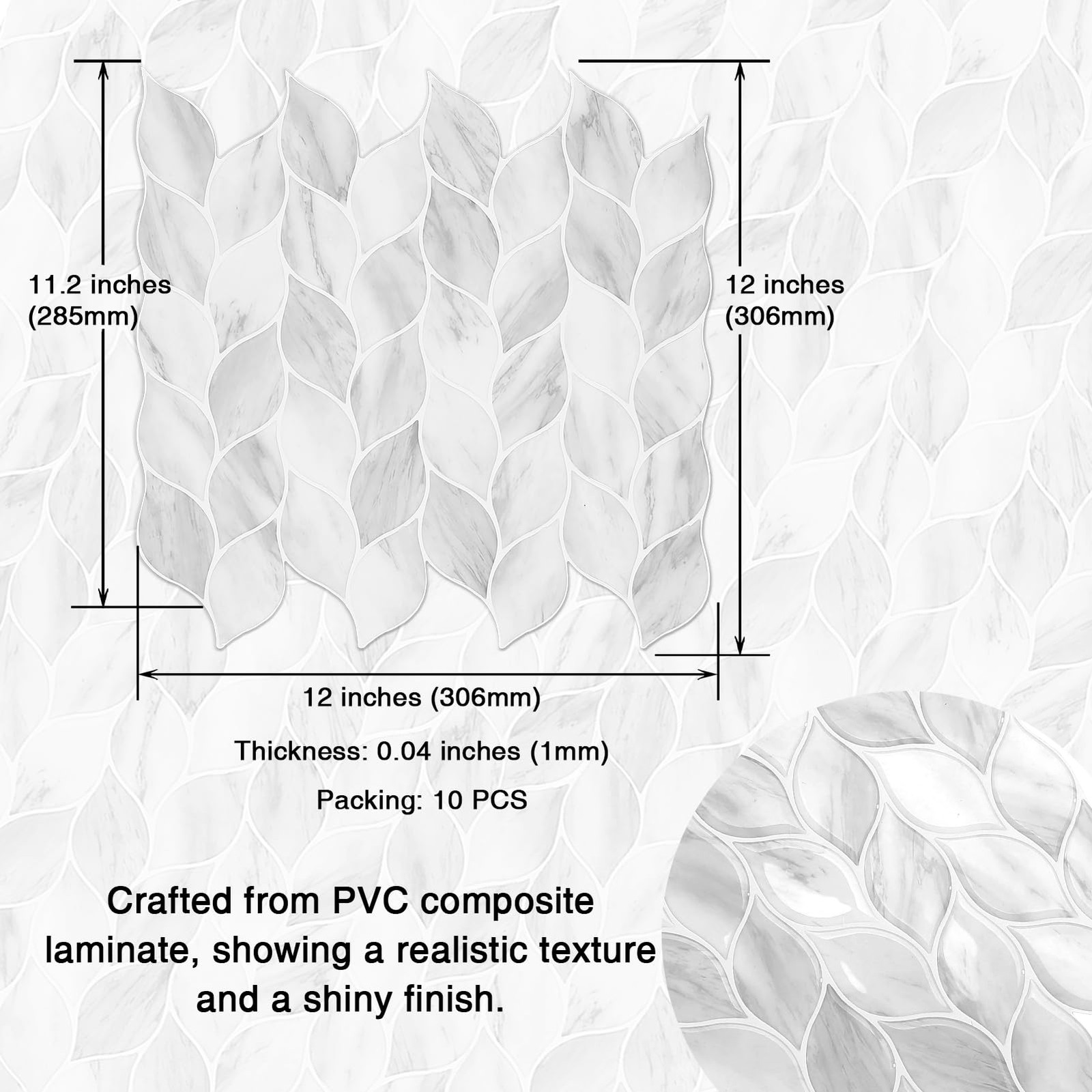 Tilingview 10 Pcs Leaf Design Peel and Stick for 12"x12"x0.04", Gray White