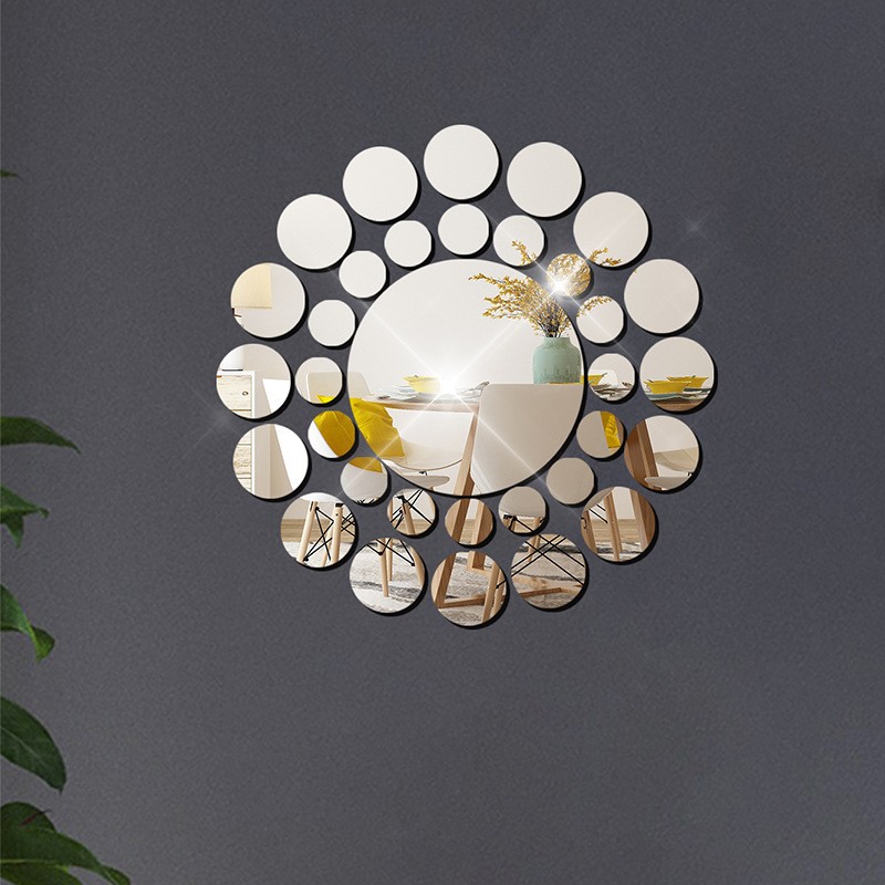 33Pcs/set Round Mirror Wall Stickers Silver Gold Living Room Background Wall