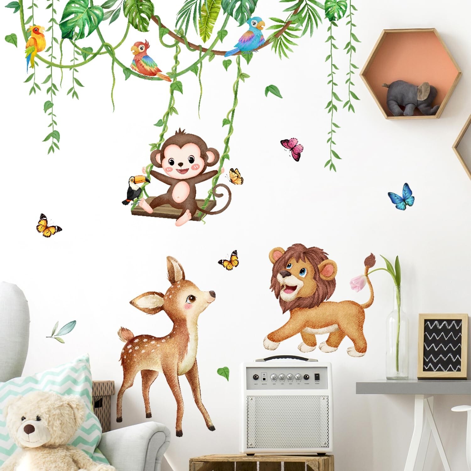 Safari Animals Wall Decals Tropical Leaves Wall Stickers Green Hanging Vines …
