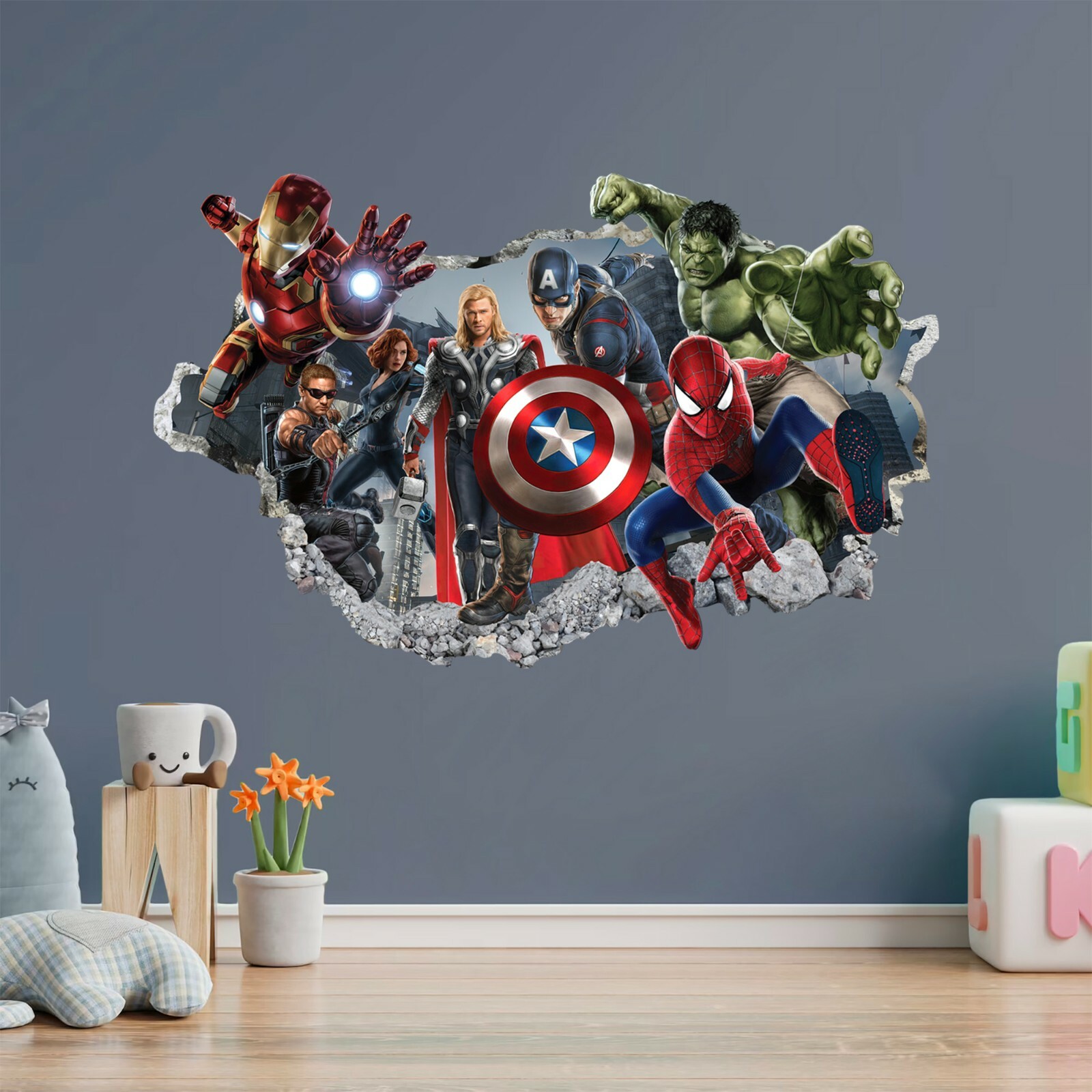 Avengers Hulk Spiderman Captain America Smashed Wall Decal Sticker 3D Wall Decor