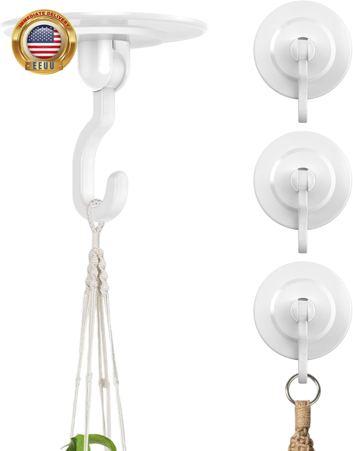 Adhesive Wall & Ceiling Decor Hooks: 4-Pack 3 Lbs Heavy Duty No-Drill 360° Swive