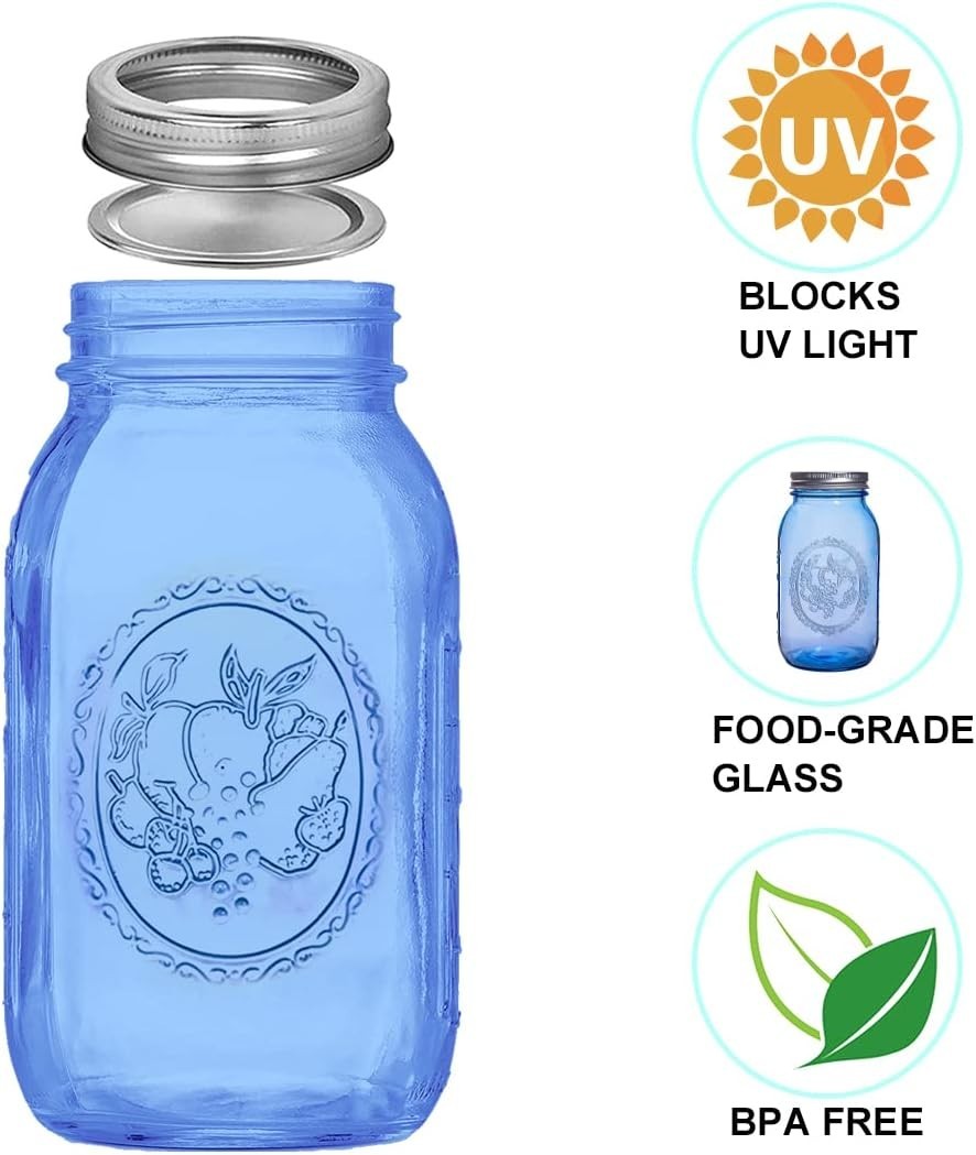 Regular Mouth Mason Jars 32 oz,6 Pack Blue Glass Colored Canning Jars with Airti